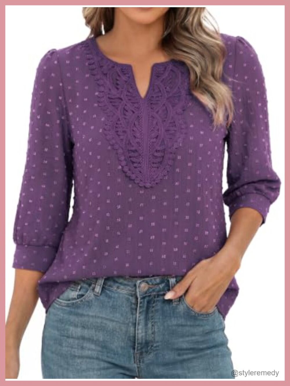Womens Boho Swiss Dot Lace 3/4 Sleeve V Neck Blouse Dressy Casual Top